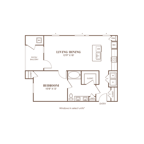Floor plan for 1 bed, 1 bath, 875 sqft